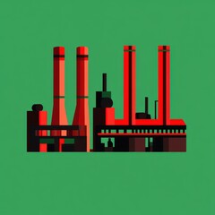 Obraz premium Stylized industrial factory illustration with tall smokestacks on a vibrant green background.