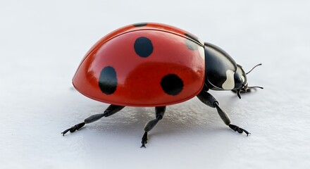 Close-up of Red Ladybug with Black Spots Crawling on White Surface