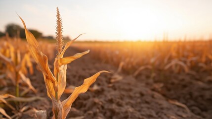 A dried-up corn plant in a barren field, symbolizing the devastating effects of drought on agriculture. This image is ideal for content on climate change, agricultural challenges, and the impact of dr