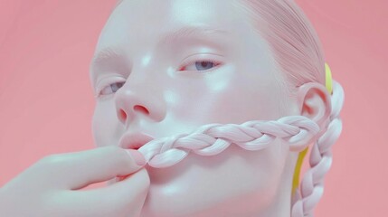 Fototapeta premium Pale model, pink background, braided hair, artistic portrait, beauty