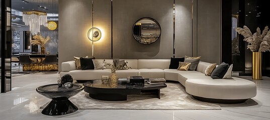 A stylish and modern living room with modular furniture, clean lines, and ambient lighting