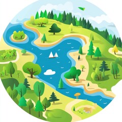 Obraz premium A vibrant, illustrated landscape featuring a serene river, lush greenery, and small sailboats.