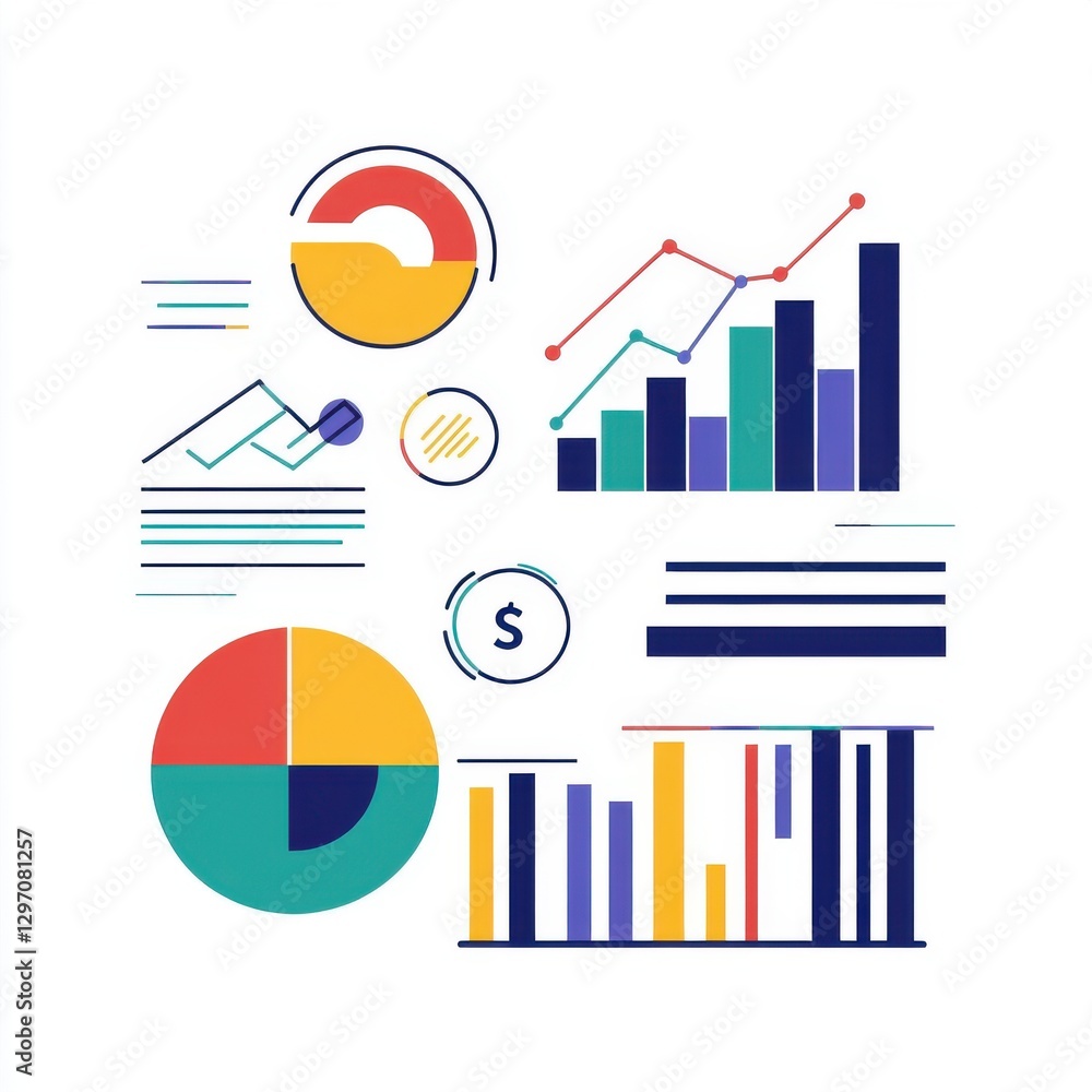 Aufkleber colorful abstract illustrations of graphs and charts representing financial data and analysis.