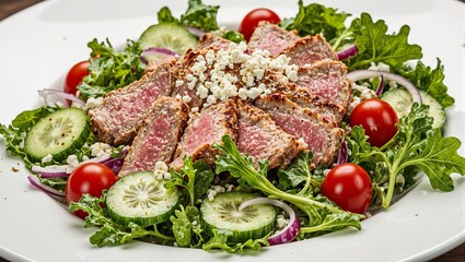 Delicious tuna salad with grilled tuna steak mixed greens cherry tomatoes cucumbers red onions lemon vinaigrette and feta cheese