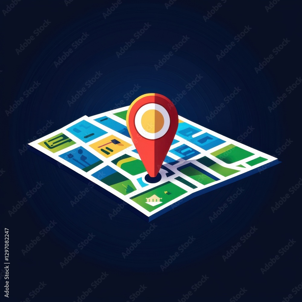 Poster colorful map illustration featuring a location pin on a dark backdrop, emphasizing navigation and ex