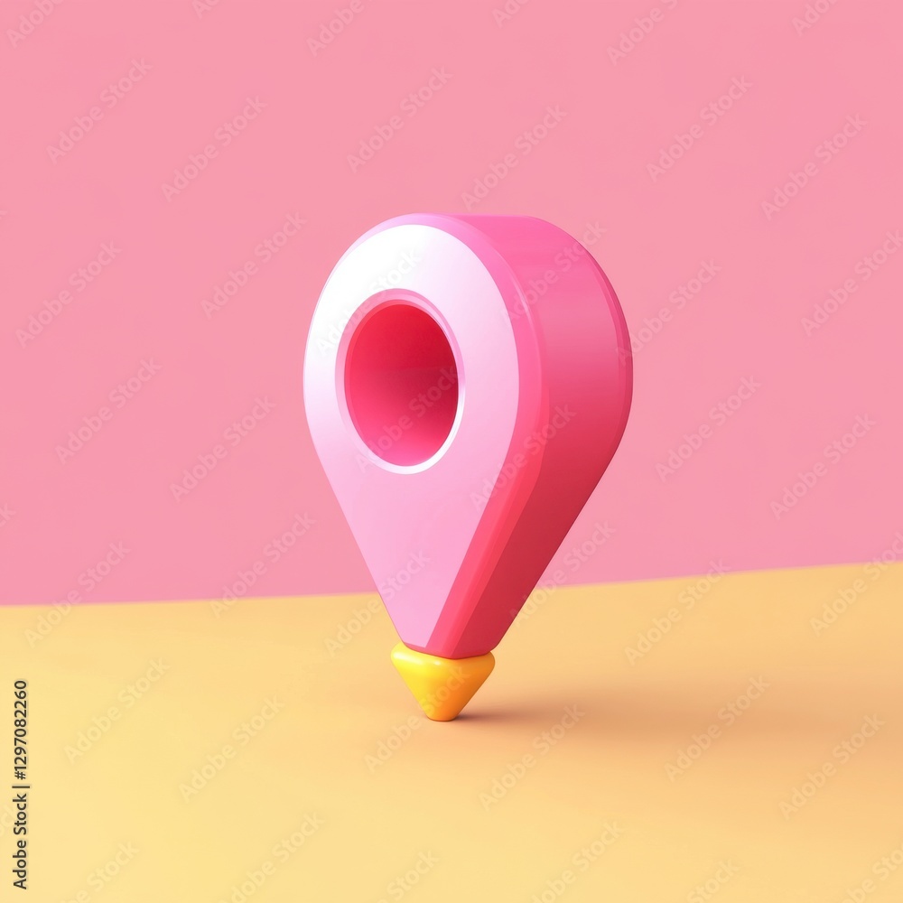 Poster a bright pink location pin standing on a soft yellow surface, symbolizing navigation and mapping.
