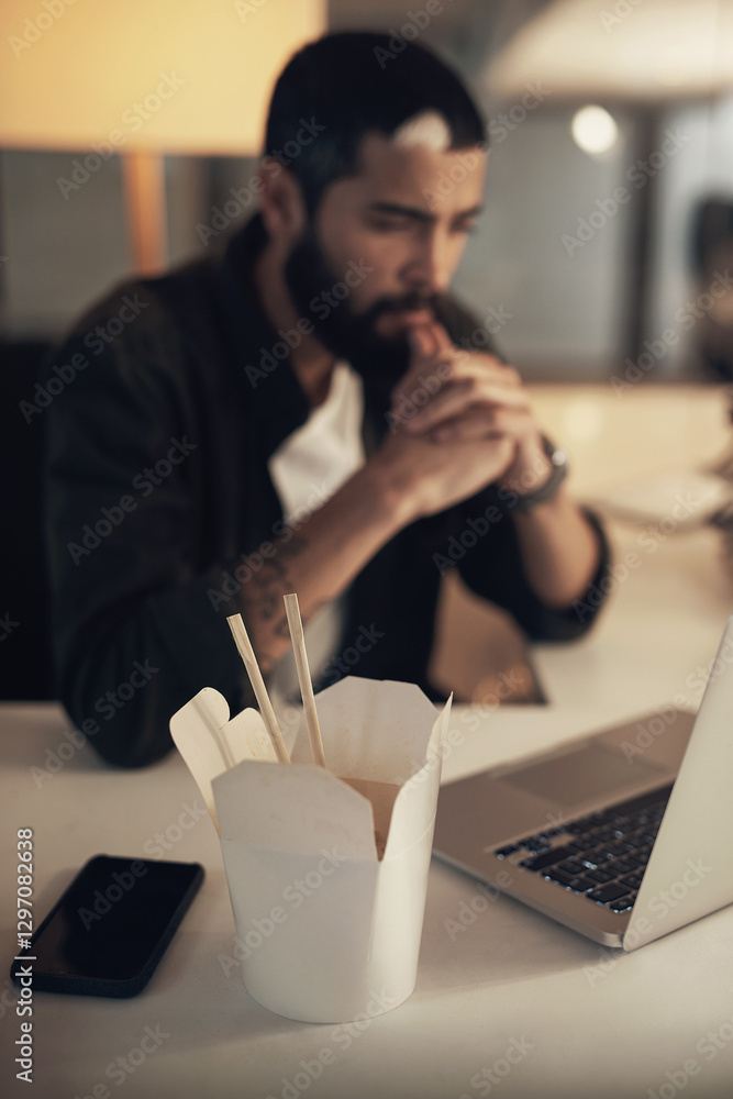 Poster Creative, man and thinking with laptop, takeout and video editor at night with overtime for project. Content creation, deadline and person with noodles, post production or design process with dinner