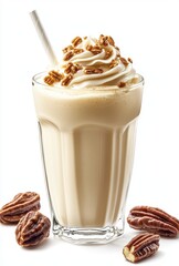 Creamy caramel milkshake topped with whipped cream and crispy nuts served in a tall glass with a straw on a white background