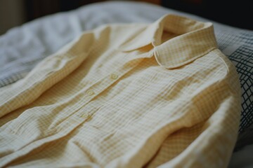 A yellow shirt laid out on the bed
