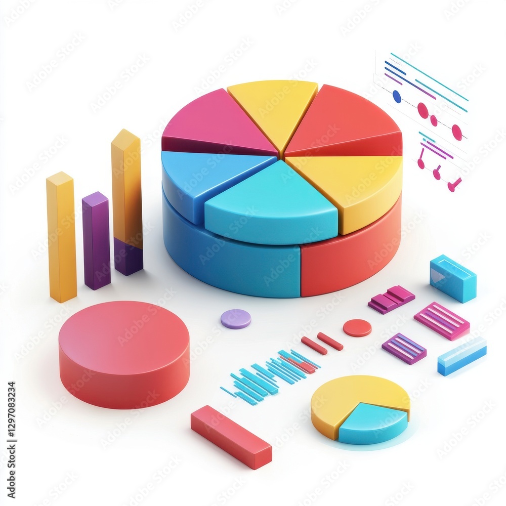 Poster vibrant 3d pie chart and bar graphs in bright colors, representing data visualization and analytics.