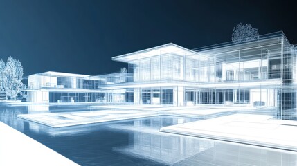 Fototapeta premium Modern house architectural blueprint, pool, trees, night