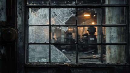 Broken glass reveals an interior of a derelict industrial space
