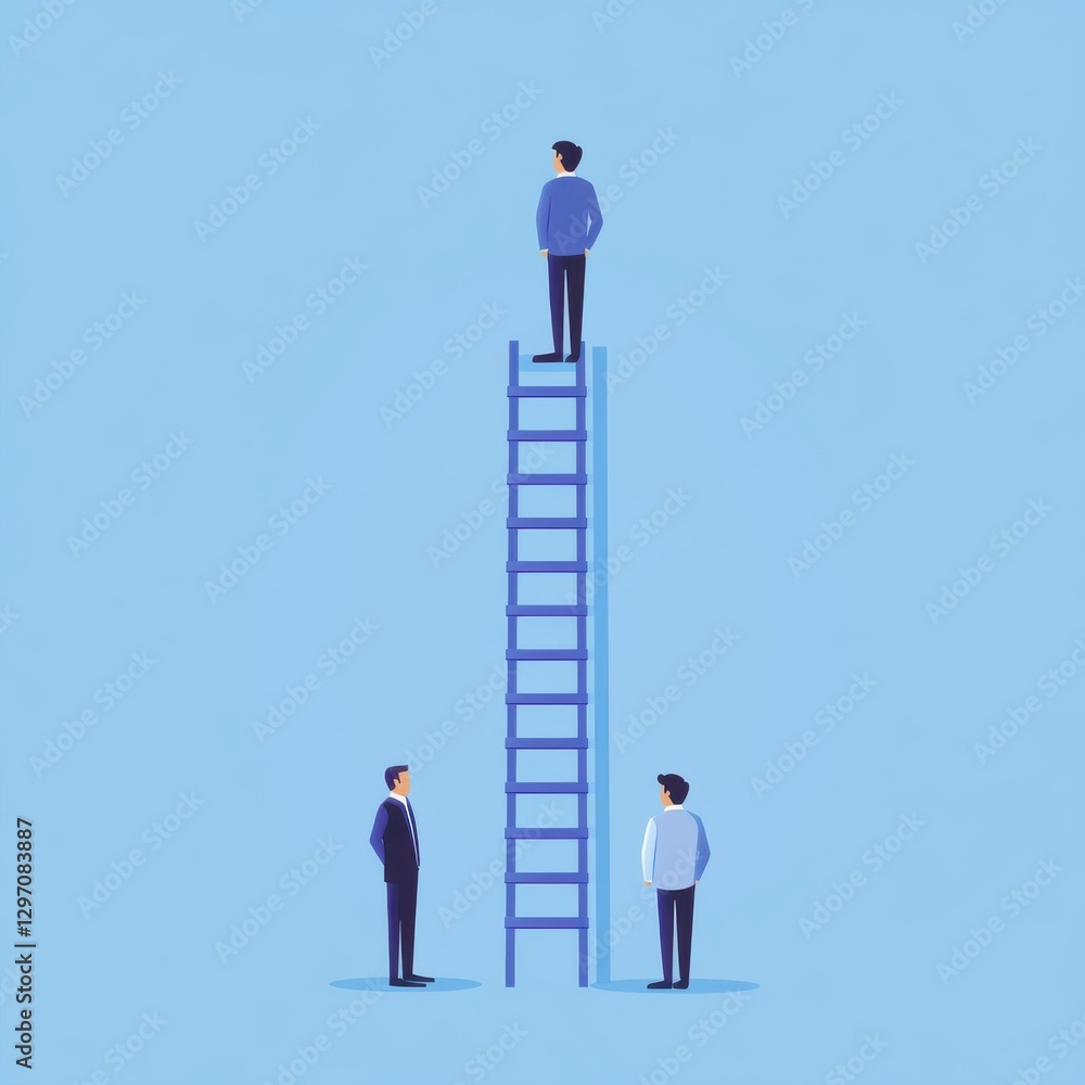 Poster three men in a minimalist setting, one standing on a ladder while two others observe, reflecting amb