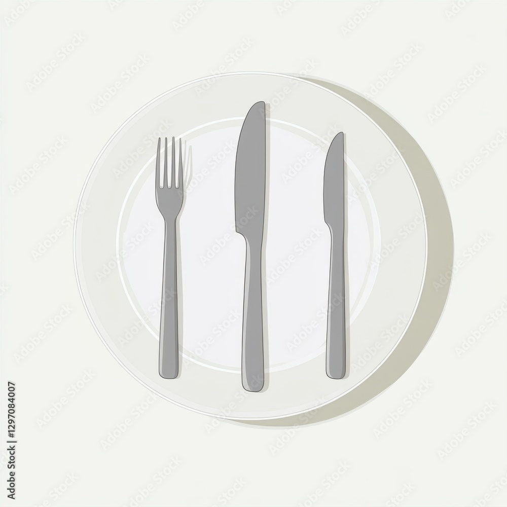 Poster a minimalist table setting featuring a fork and knife on a white plate.
