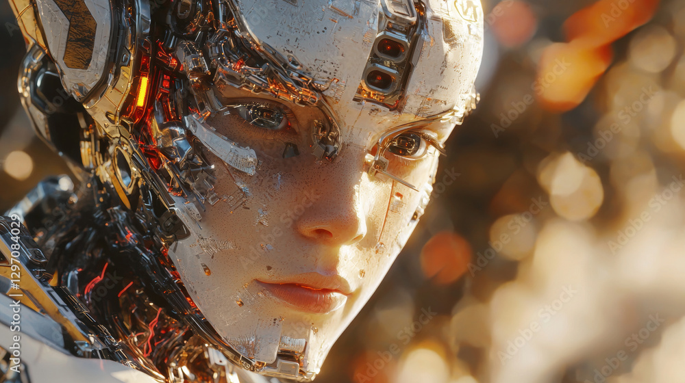 Aufkleber close-up image of a humanoid robots face showcasing intricate facial features, advanced sensors, and