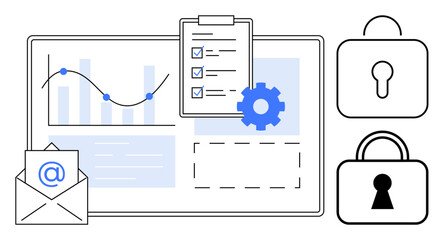 Data chart with line graph and bar chart, checklist on clipboard, email envelope, and lock icons. Ideal for data security, email management, analytics, task management, information safety © robu_s