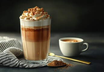 Creamy coffee beverage topped with whipped cream, chocolate shavings, and dusted cocoa served in a tall glass with a cup of espresso on a dark background