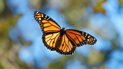 Naklejka premium A beautiful monarch butterfly is captured in graceful mid flight