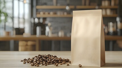 Blank Coffee Bag Mockup with Roasted Coffee Beans on Rustic Background