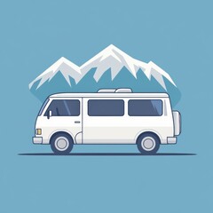 A white camper van against a serene blue background with stylized mountain peaks in the distance.