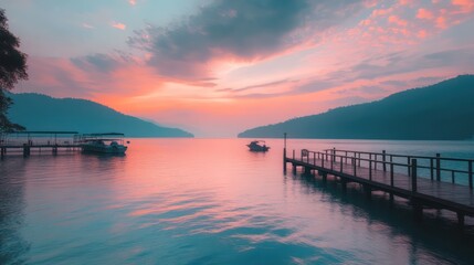 Fototapeta premium A stunning vibrant sunrise over a tranquil lake scene