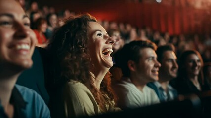 A joyful audience enjoying a live performance or comedy show in a theater. A young woman in the foreground is laughing, surrounded by an excited crowd in a warm and lively atmosphere