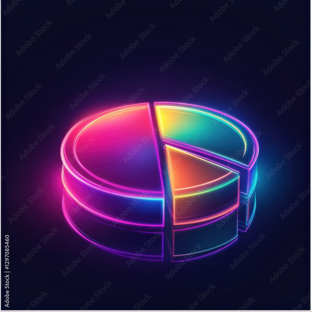 Poster a vibrant stylized pie chart illuminated with neon colors, showcasing data visualization in a modern