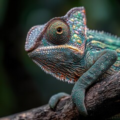 Close-up of a colorful chameleon resting on a branch, showcasing adaptability and camouflage. Perfect for nature, wildlife, and exotic animal themes.