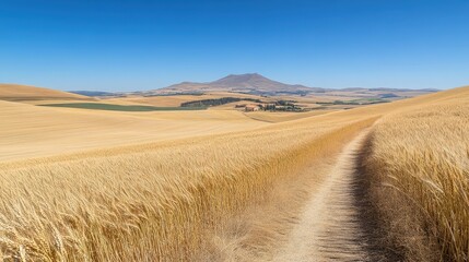 Obraz premium Golden Wheat Field Sways in Wind Under Clear Blue Sky