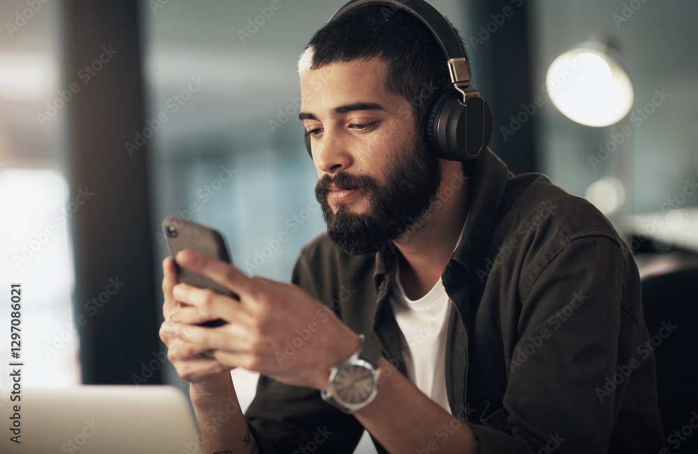 Poster Creative, man and typing with smartphone, notes and video editor with night and headphones for project. Content creation, deadline and person with idea, post production or design process with music