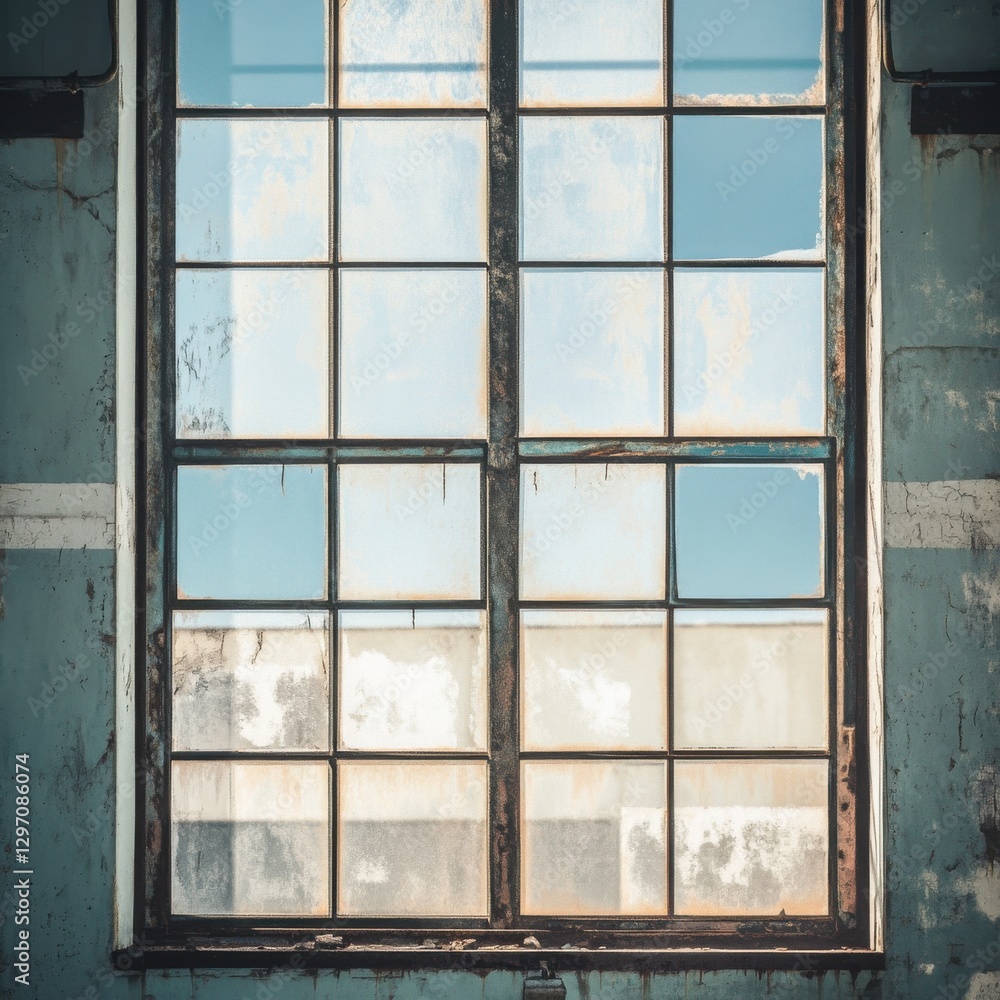 Poster Rustic window with weathered frame reflecting a serene blue sky.