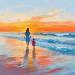 Fototapeta premium A mother and son stroll hand-in-hand along a tranquil beach at sunset, embracing the beauty of nature.