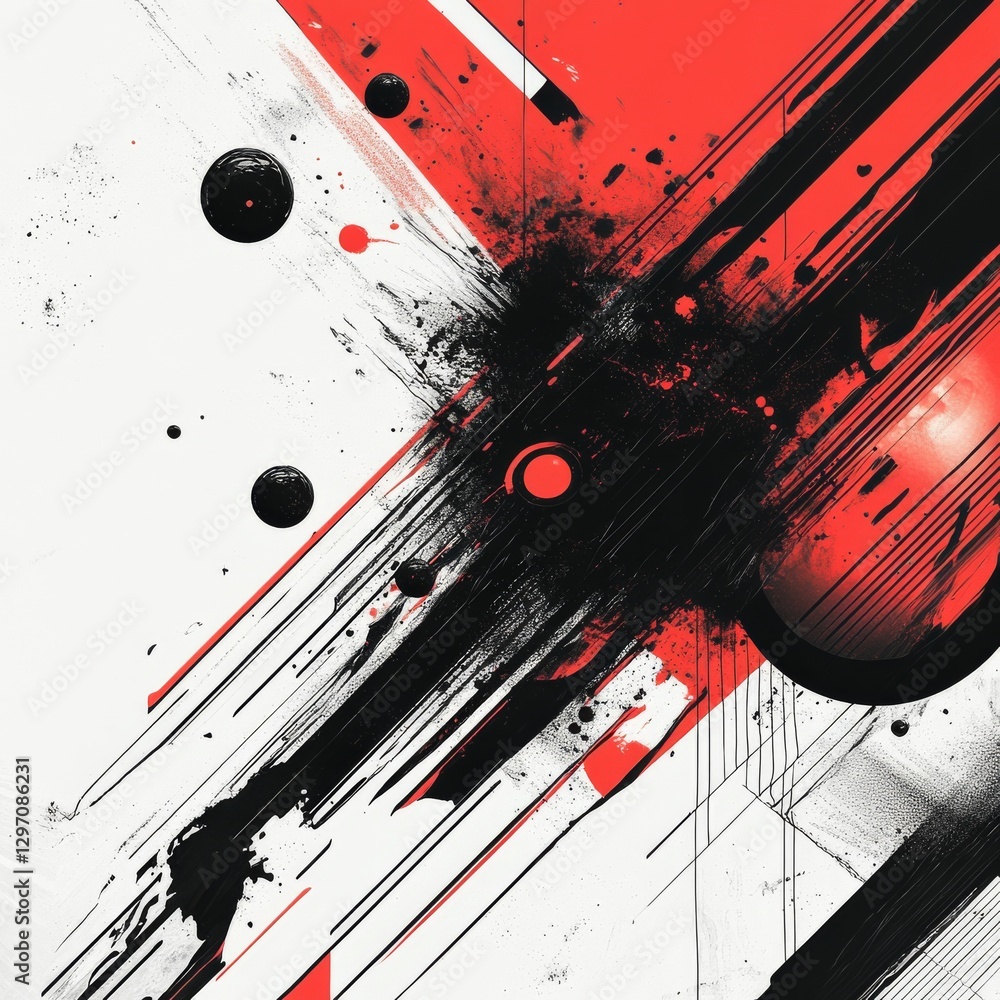 Poster dynamic abstract composition: red and black geometric elements with energetic brushstrokes on white 