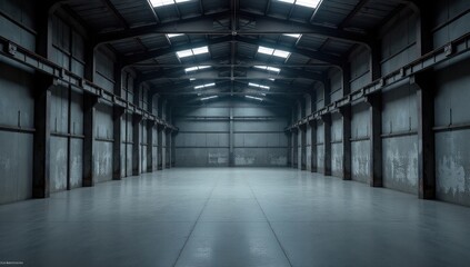 Vast Empty Warehouse with Arched Roof and Skylights. For websites, presentations, or articles about urban development, industrial architecture, storage solutions