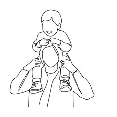 Single Line Drawing Child Sitting on Parents Shoulders, Happy Family