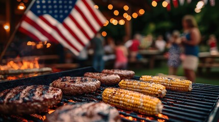 Grilled burgers and corn on the cob with an American flag backdrop, representing summer fun and patriotism. Ideal for holiday, picnic, or food concepts.