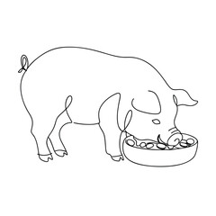 SingleLine Drawing of a Pig Eating from a Bowl