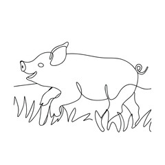 One Line Drawing of a Happy Piglet in Grass