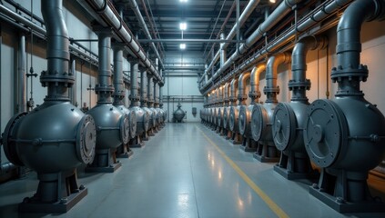 Symmetrical Industrial Piping System in Factory Interior. Perfect for websites, presentations, articles about industrial automation, power systems, mechanical engineering