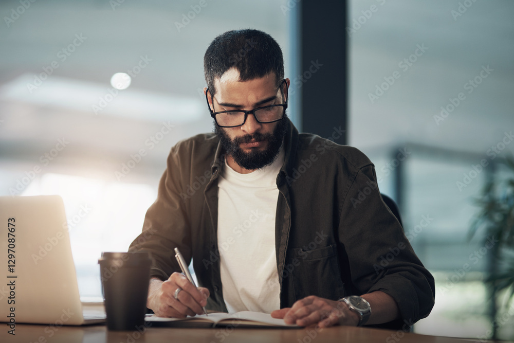 Poster businessman, writing and notebook in office at night for it notes, planning and programming schedule