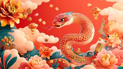 Obraz premium Colorful Dragon with Flowers and Lanterns in Fantasy Landscape