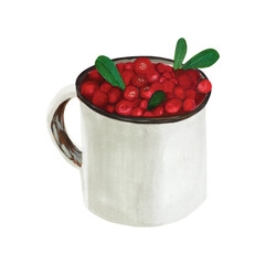 Cranberry in a tin. Detailed hand drawn watercolor illustration of red berries, some green leaves. Ideal for food-related artwork, kitchen prints, product packaging, and seasonal decorat