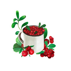 Watercolor hand drawn composition of cranberry and a tin mug. Realistic botanical illustration of red juicy cranberry with green leaves. Great for fabric, postcards, invitations, menu