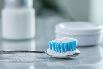 A toothbrush sits next to a container of toothpaste on a countertop, ready for use