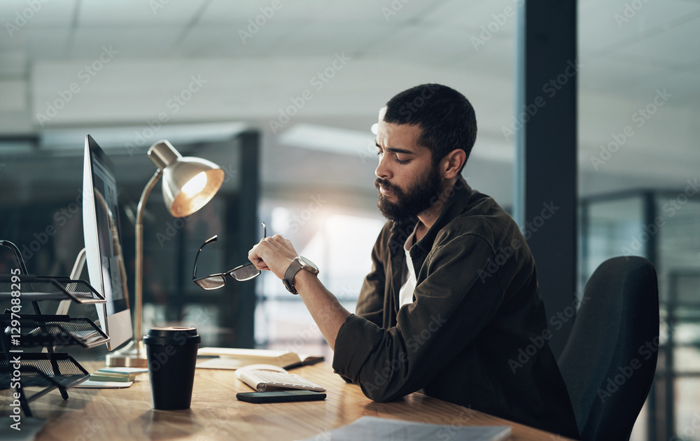 Aufkleber Computer, graphic design and watch with man in office for website coding or programming deadline. Business, checking time and late with annoyed programmer employee in creative workplace for overtime