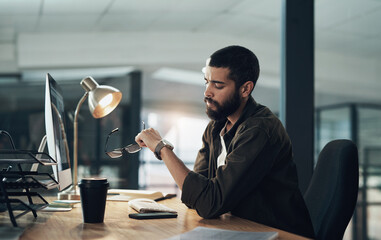 Computer, graphic design and watch with man in office for website coding or programming deadline....