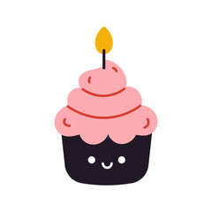 Vector cute smiling birthday cake with candle. Childish celebration sweet food with face. Festive modern cake in flat design.