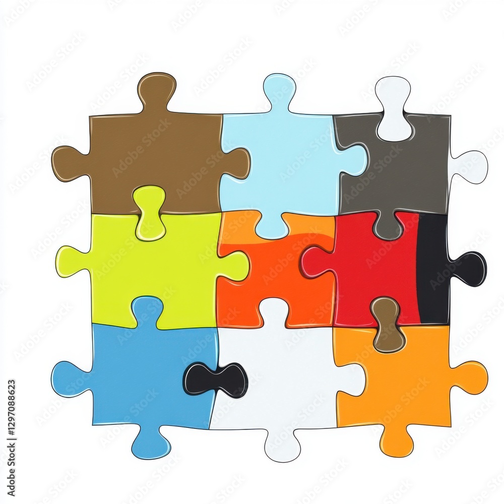 Poster colorful interlocking puzzle pieces assembled in a grid pattern, showcasing various shades and textu