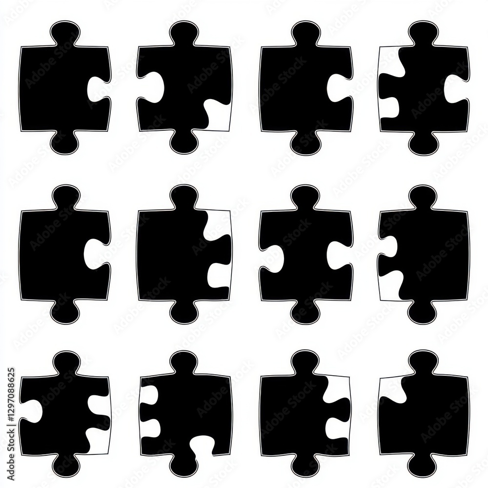 Poster a grid of black puzzle pieces against a white background, showcasing various shapes and empty spaces