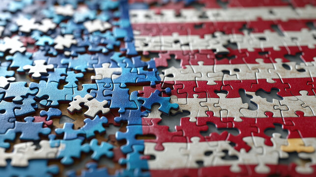 American Flag Jigsaw Puzzle with Missing Pieces Symbolizing Unity, Identity, and Struggle